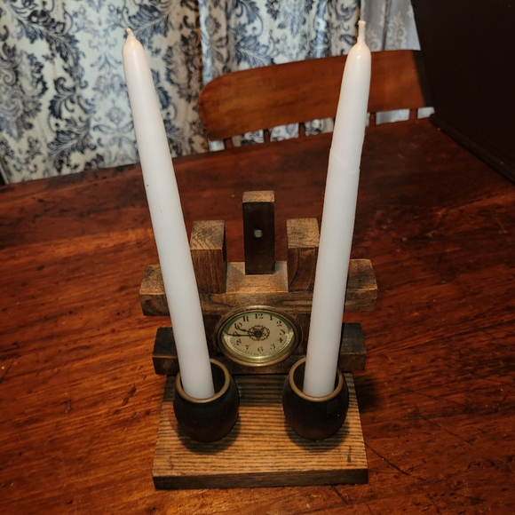 Vintage Wooden Clock/Candle Holder - Picture 2 of 6